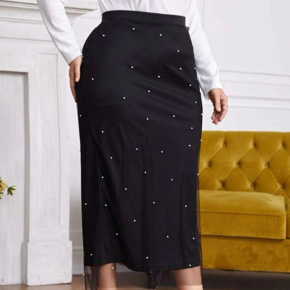 Pearl Beaded Mesh Skirt Elastic Waist